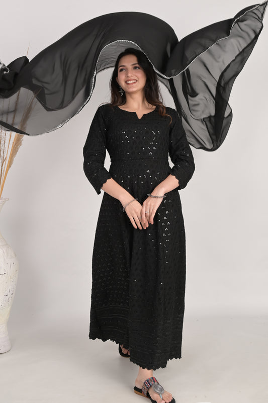 The Black Chikankari Anarkali With Dupatta
