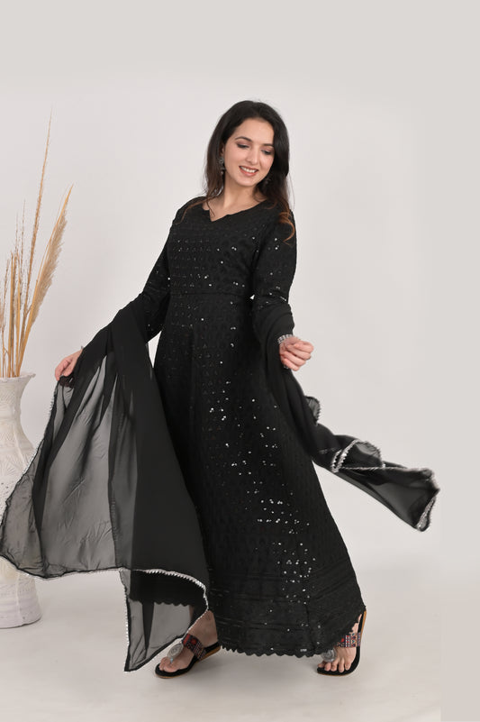 The Black Chikankari Anarkali With Dupatta